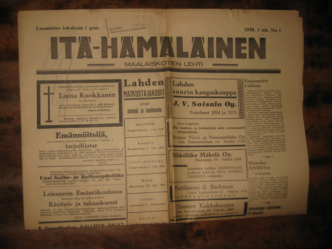 Sanomalehti  Itä-Hämäläinen 1.10.1938