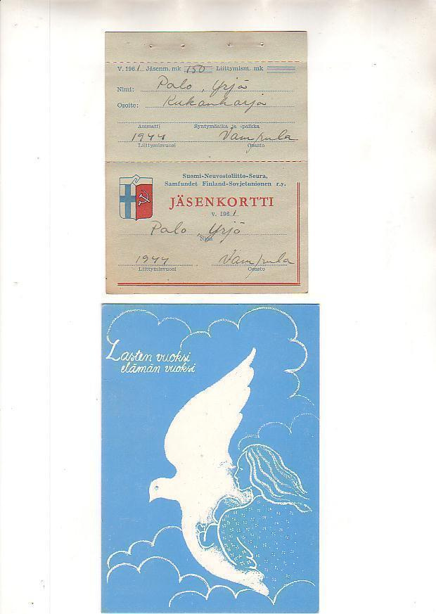 Suomi-Neuvostoliitto- seura, jäsenkortti + kortti.