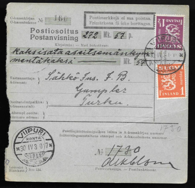 Postiosoitus - Yl.m. 1,5+1mk (LAPE 150+152) Viipuri 30.4.30