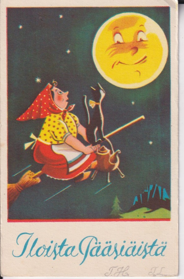 Iloista Pääsiäistä, Noita. luuta. kissa, kuu kasvot   e68