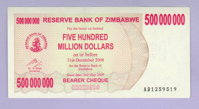 Zimbabwe 500 000 000 Dollaria v.2008 UNC P-60