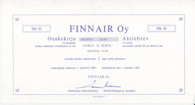 OKK 1981 Finnair Oy, Helsinki pörssi