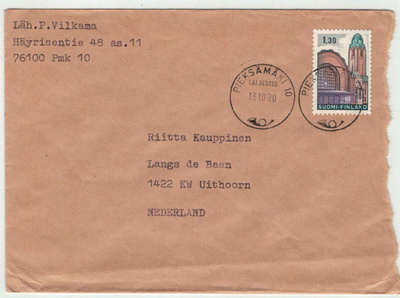 M63 1971 1,30 mk H:gin rautatieasema kirje Hollantiin