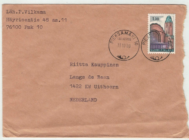 M63 1971 1,30 mk H:gin rautatieasema kirje Hollantiin