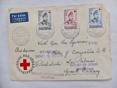 FDC Ensipäivkuori Mannerheim 1952 Espanjaan ERIKOISET Leimat