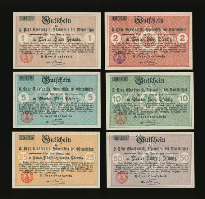Saksa Notgeld 1, 2, 5, 10, 25, 50 Pfg, Schauenstein 1917