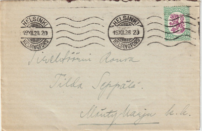 1928 1½mk Saarisen malli Helsingistä Mäntyharjulle kirjeessä