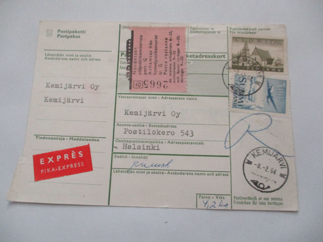 1964 Kemijärvi pikapakettikortti