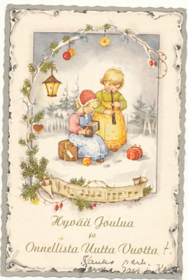 Tyttöset soittavat joulua -vanhahko kortti