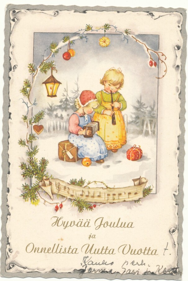 Tyttöset soittavat joulua -vanhahko kortti