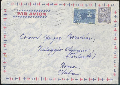 1960 pakolaisvuosi + M54 5mk lentokirje Italiaan