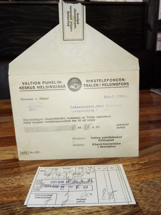 Valtion puhelinkeskus lasku vuodelta 1934 ( SIS POSTIKULU)