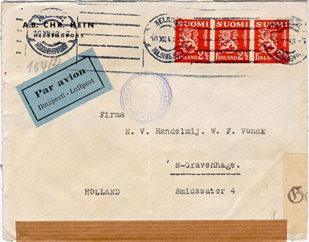 M30 1942 2,50mk punainen 3-rivilö lentokirje Hollantiin