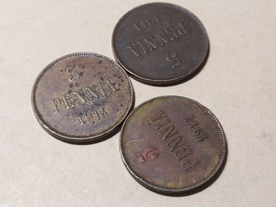 5 penniä Cu1914 3 kpl