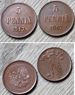 5 PENNIÄ pari v.1917  (eri taustoilla)