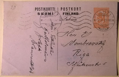 Markan ehiökortti 1929 Lahdesta Latviaan/Riika