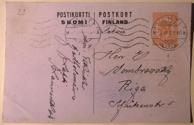 Markan ehiökortti 1929 Lahdesta Latviaan/Riika