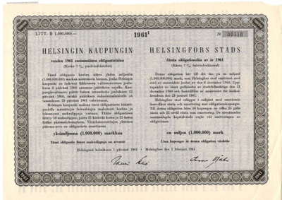 OKK obligaatio 1/1961 Helsingin kaupunki  1 000 000 markkaa