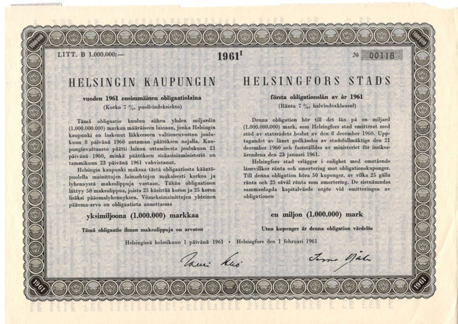 OKK obligaatio 1/1961 Helsingin kaupunki  1 000 000 markkaa