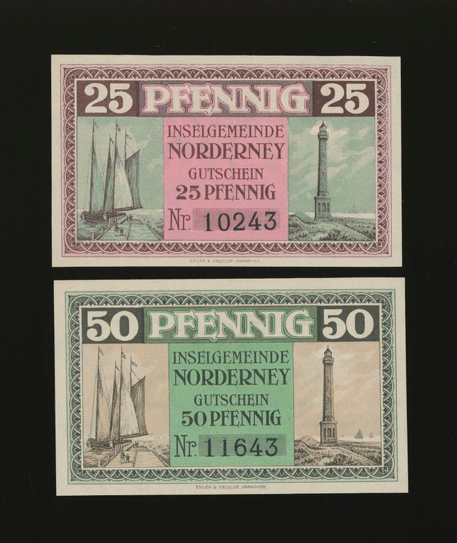 Saksa Notgeld 25, 50 Pfg, Norderney 1918