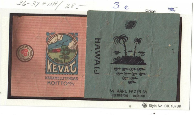 Kaksi vanhaa Fazer - karamellin paperia