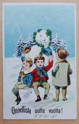 Lapset iloisen lumiukon kanssa toivottavat Uutta Vuotta 1911