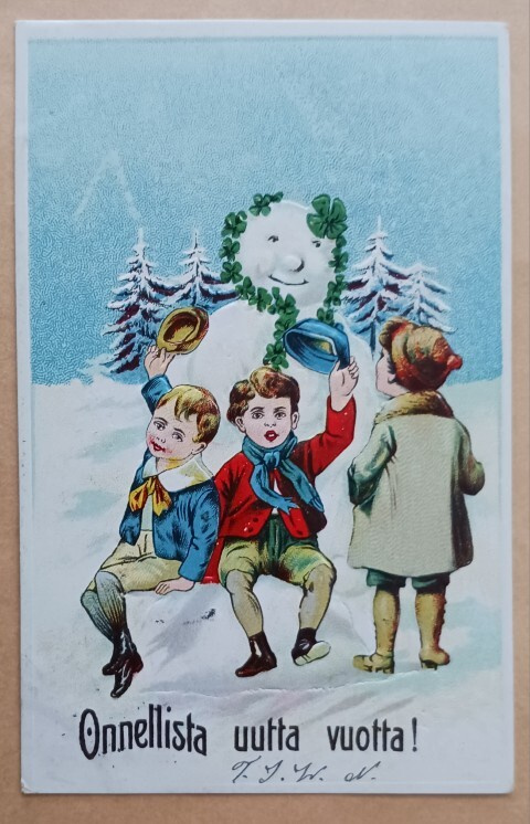Lapset iloisen lumiukon kanssa toivottavat Uutta Vuotta 1911
