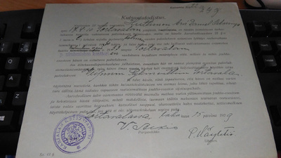 Karjalan Kutsuntapiiri Kutsuntatodistus 1929 26/7