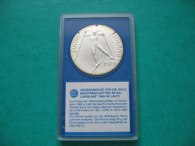 100 mk hopea juhlaraha Lahden MM-hiihdot - 1989