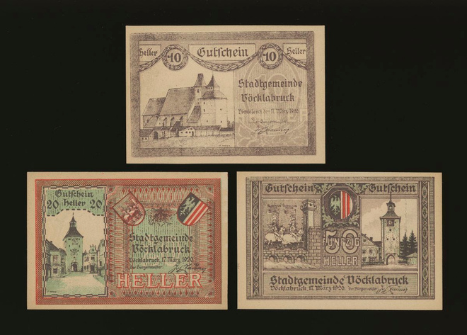 Itävalta Notgeld 10, 20, 50 Heller, Vöcklabruck 1920