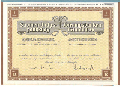 OKK obligatio Suomen Yhdyspankki etuosake 1980