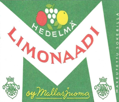 JUOMAETIKETTI HEDELMÄ LIMONAADI OY MALLASJUOMA LAHTI SILEÄ