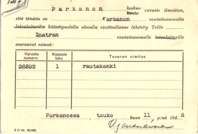 VIRKAK. SIIRTOVÄEN TAVARAV. PARKANO-IMATRA