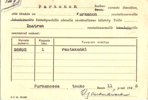 VIRKAK. SIIRTOVÄEN TAVARAV. PARKANO-IMATRA