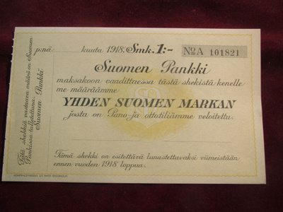 Yhden Suomen markan shekki. Suomen Pankki. 1918