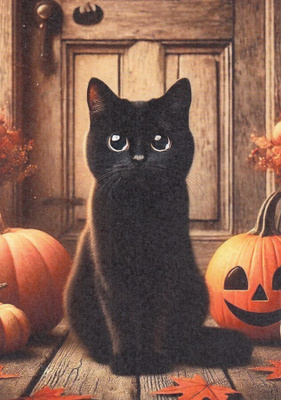 Halloween musta kissa oven edessä, kurpitsat