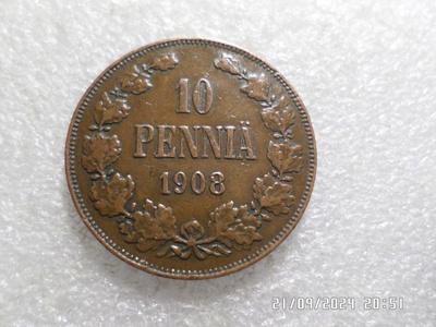 10 penniä 1908 kulkematon tasaisesti patinoitunut, kl 9-10