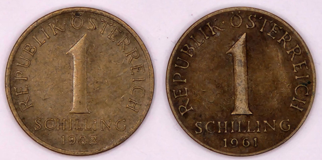 Itävalta 1 Schillingin kolikot 1983 ja 1961
