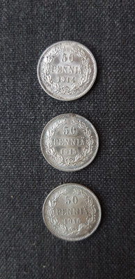 Vanha hopea raha 3 kpl, 50 penniä v. 1914, 1915 ja 1916