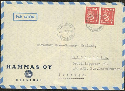 M30 1947 7mk punainen leijona pari lentokirje Ruotsiin
