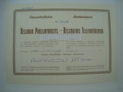 Helsingin Puhelinyhdistys Osuustodistus v. 1974 HPY