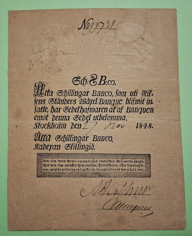 Ruotsi, 8 Schillingar Banco 1848, kunto 4-5.