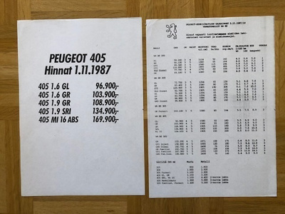 Hinnasto Peugeot 205, 309, 405, 505  1987/1988. Esite