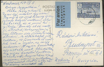 1950 Hki 15mk postikortti lentoteitse Ubkariin