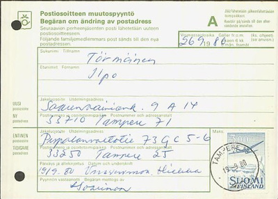 1963 3mk lentokone - postiosoitteen muutospyyntö