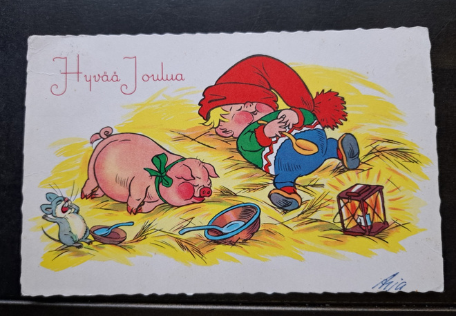 Tilgmann: tonttu ja possu ruokalevolla, kulkenut 1959