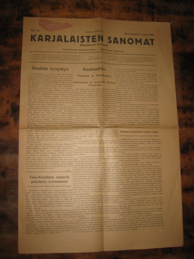 Sanomalehti  Karjalaisten Sanomat  1.11.1918