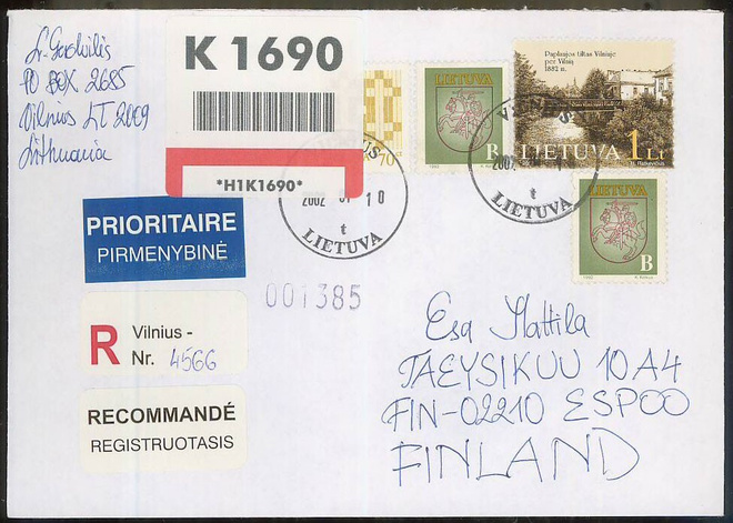 Liettua Mi 750 ym R-lirje lentopostissa Suomeen