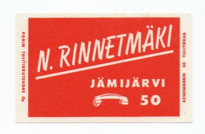 Porin Tulitikkutehdas. N. RINNETMÄKI. JÄMIJÄRVI. Etiketti