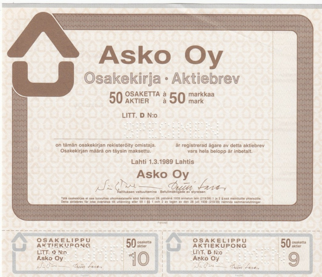 OKK 1989 Asko Oy spec, Lahti pörssi osakekirja